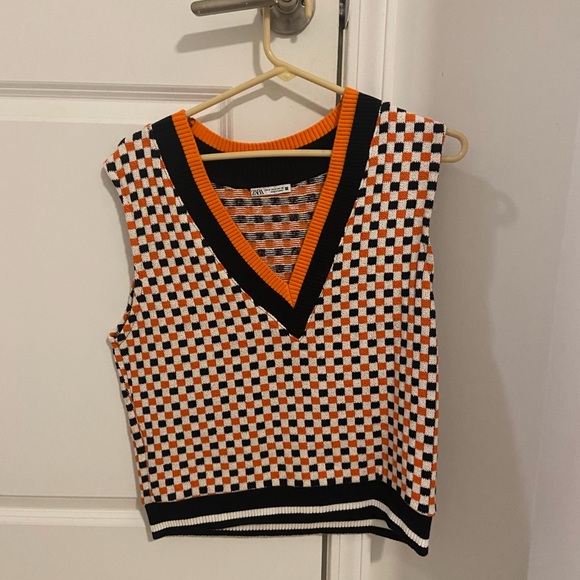 Zara Tops - Zara checked black and orange vest Size M